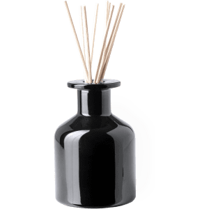 A black ceramic aromatic diffuser with reed sticks arranged in the neck.