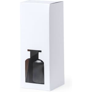 An aromatic diffuser in a black bottle, displayed in a white box with a transparent window.