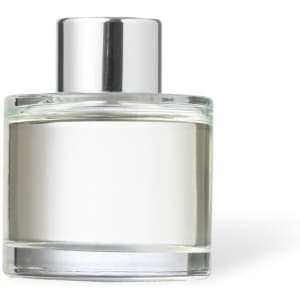 A glass fragrance bottle with a silver cap, containing a clear liquid, suitable for home aromatics.