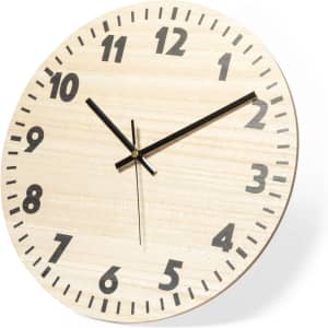 A wooden wall clock featuring a natural finish with black numbers and clock hands.