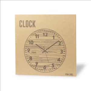 A wall clock with a circular wooden design, featuring hour and minute markers, packaged in a simple cardboard box.