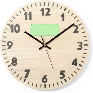 A wooden wall clock with large black numbers and hands, featuring a blank area at the 2 o'clock position.