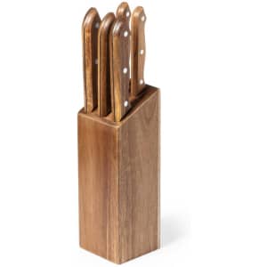 A wooden knife block containing five knives with brown handles and silver accents.