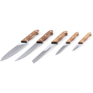 A set of five knives with wooden handles and stainless steel blades, arranged in order of size.