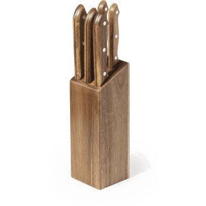 A wooden knife block in a brown finish, holding five knives with wooden handles and metal rivets.