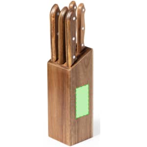 A wooden knife block with five knives, featuring a sleek design and a natural finish. The block has a logo.