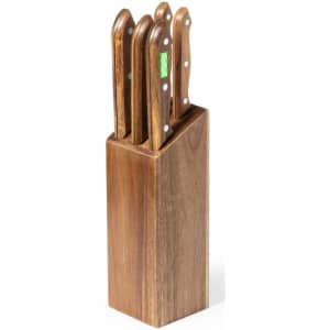 A wooden knife block featuring five steel knives with wooden handles and silver rivets.