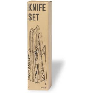A knife set displayed in a wooden block, featuring multiple knives with wooden handles, packaged in a cardboard box.