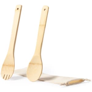 A bamboo salad set featuring a forked spoon and a solid spoon, accompanied by a fabric holder.