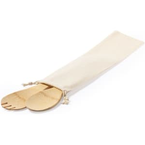 Bamboo salad utensils in a natural colour, housed in a beige fabric pouch. Features a logo on the pouch.
