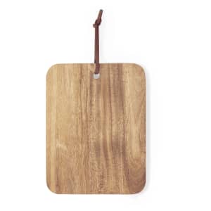 A rectangular wooden cutting board with a hanging loop, showcasing a natural wood grain finish.