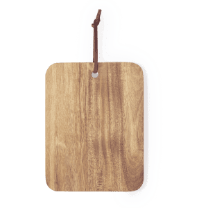 A wooden cutting board with a rectangular shape and a leather hanging strap. The board has a natural finish.