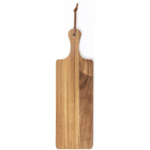 A wooden chopping board in natural tones, featuring a looped leather strap for hanging.