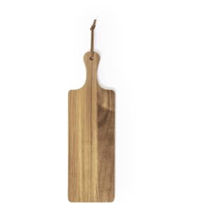 A wooden chopping board in a natural finish with a hanging loop. It has a simple, rectangular design.