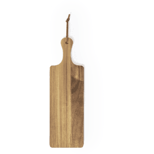 A wooden chopping board with a handle and a hanging loop, featuring a natural finish.