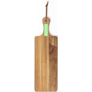 A wooden cutting board with a leather strap, featuring a smooth, natural finish and a rectangular shape.