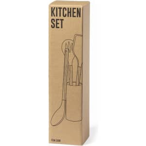 A kitchen set featuring wooden utensils in a storage holder, packaged in a tall, brown cardboard box with a logo.