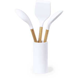 A white kitchen utensil set featuring three tools with wooden handles, displayed in a matching container.