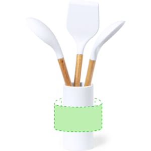 A kitchen set featuring white silicone utensils with bamboo handles, displayed in a white holder.