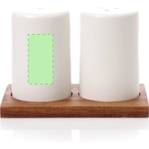 A white ceramic salt and pepper shaker set on a wooden holder. The design is minimalist and elegant.