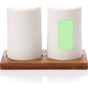 A white ceramic salt and pepper shaker set on a wooden base. The shakers have a simple design with a logo present.