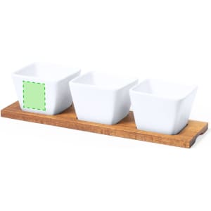 A set of three square white serving dishes on a wooden tray with a natural finish. The tray features a branding logo.