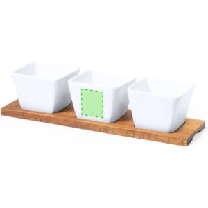 Three white serving dishes arranged on a wooden tray. The trays have a rustic finish.
