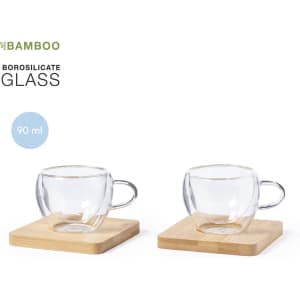 A set of two clear borosilicate glass mugs with bamboo coasters, each holding 90 ml, featuring a sleek design.