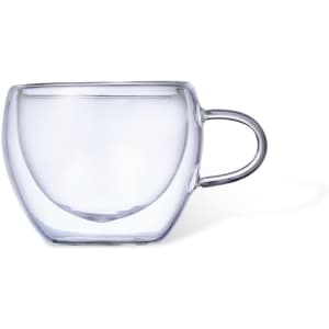 A clear glass mug with a rounded shape and a curved handle. It features a simple design and has a branding logo.