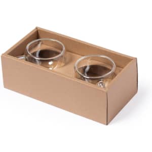 A set of two clear glass mugs packaged in a simple brown cardboard box.