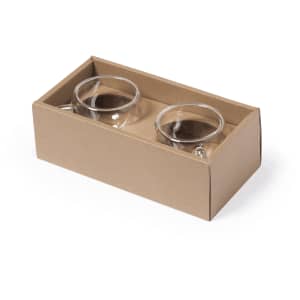 A set of two clear glass mugs in a kraft cardboard box, featuring a simple, modern design.