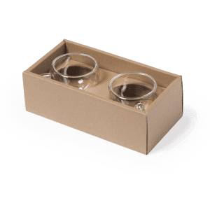 A set of two clear glass mugs in a cardboard box. The mugs have a simple, elegant design.