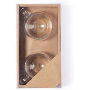A boxed set of two clear glass mugs with handles, featuring a simple design.