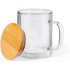 A glass insulated mug with a bamboo lid and a handle, showcasing a clear and sleek design.