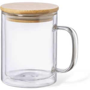 A clear, insulated mug with a wooden lid and a transparent handle, suitable for hot or cold beverages.
