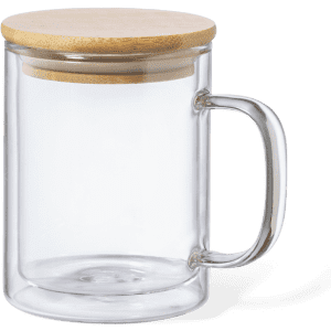 A clear glass insulated mug with a bamboo lid and a handle, designed for hot or cold beverages.