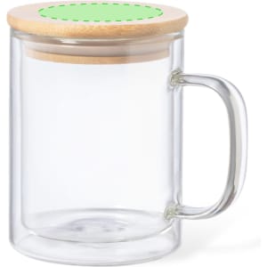 A glass insulated mug with a bamboo lid and a clear handle. The mug is transparent and modern in design.