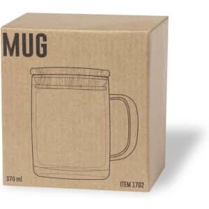 A drink mug packaged in a simple brown box, featuring a clear illustration and a handle.