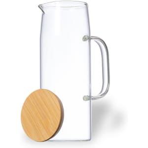 A drink bottle made of clear glass with a bamboo lid and a handle. Features a sleek, modern design.