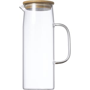 A drink bottle made of clear glass with a wooden lid and a comfortable handle.