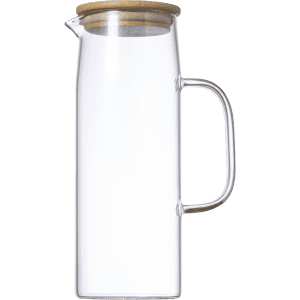 A drink bottle made of clear glass with a wooden lid and a handle.