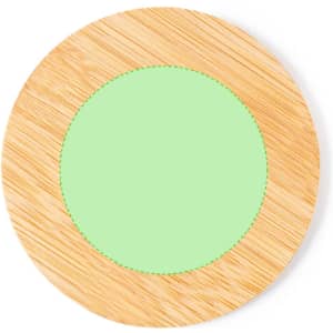 A round bamboo coaster with a green centre and a stitched border design.
