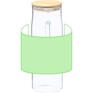 A drink bottle made of clear glass with a wooden lid and a straw. It features a branding label.