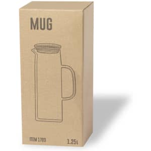A drink bottle in a light brown cardboard box, featuring a simple design and a handle, with a logo on the box.
