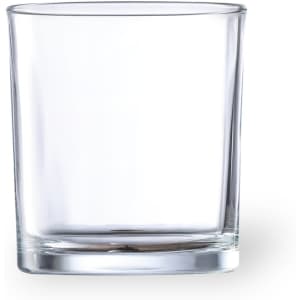 A clear glass tumbler with a square base and straight sides, featuring a simple design and a smooth finish.
