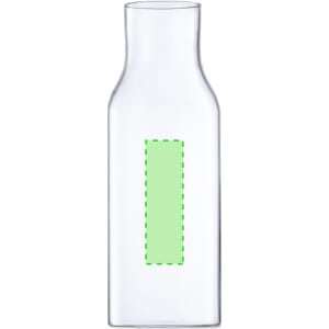 A glass drink bottle with a clear design and an empty area for custom branding in green.