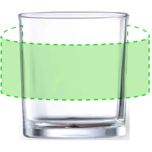 A glass tumbler with a clear design, featuring a solid base and a smooth rim. Includes a branding logo.