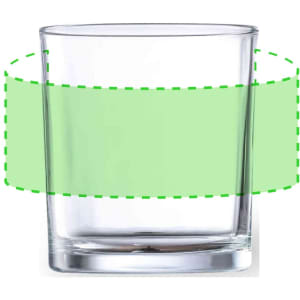 A glass tumbler featuring a clear design with a green accent band. The glass is cylindrical and sturdy.