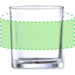 A clear glass tumbler with a simple design and a solid base. The glass has a logo on its surface.