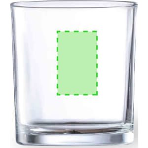 A clear glass tumbler with a square area marked in green on the front. It has a simple, elegant design.